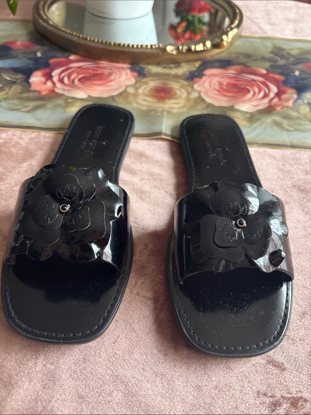 kate spade Black Patent Floral Slide Sandals